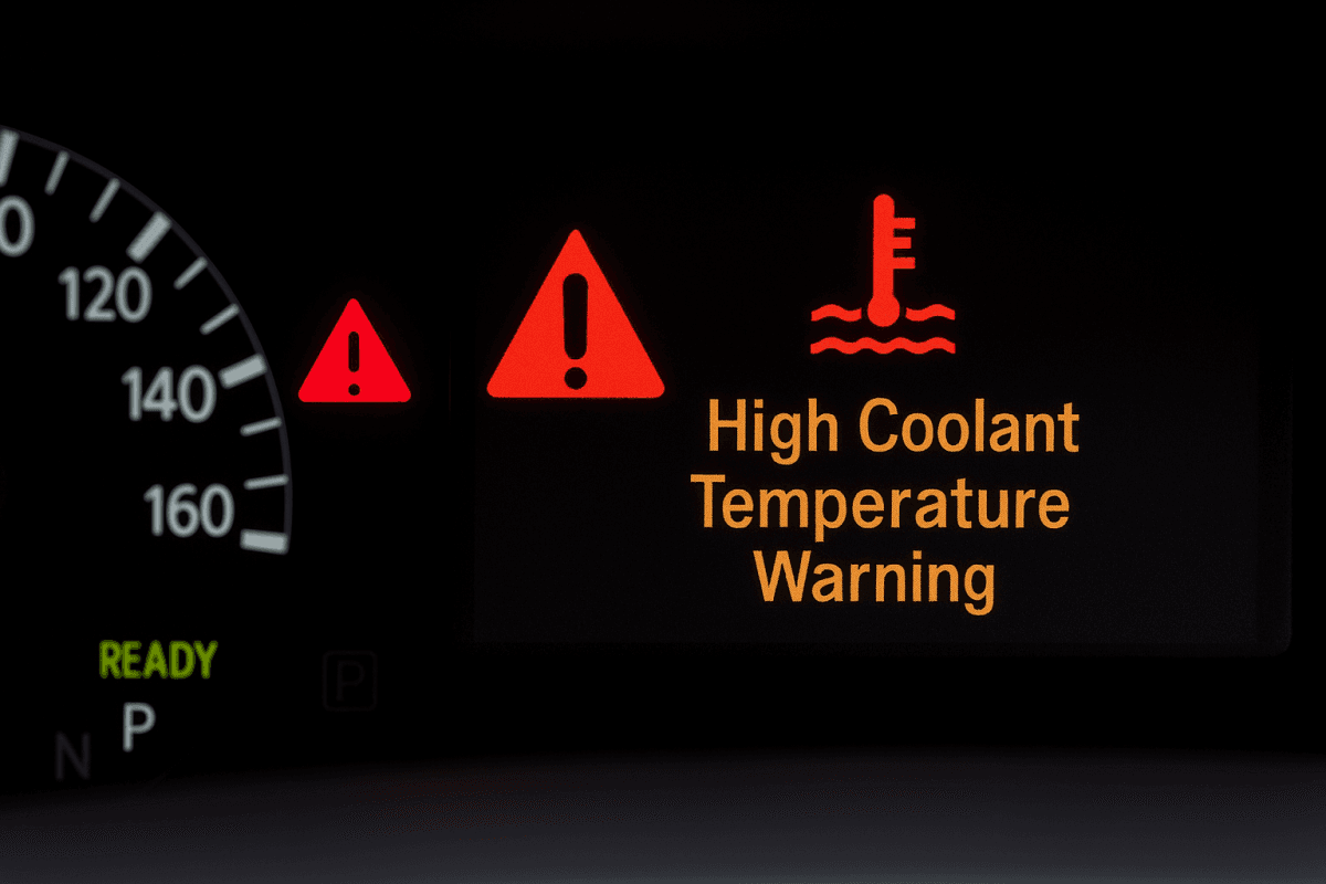 2005 Prius dashboard with red triangle and overheating warning