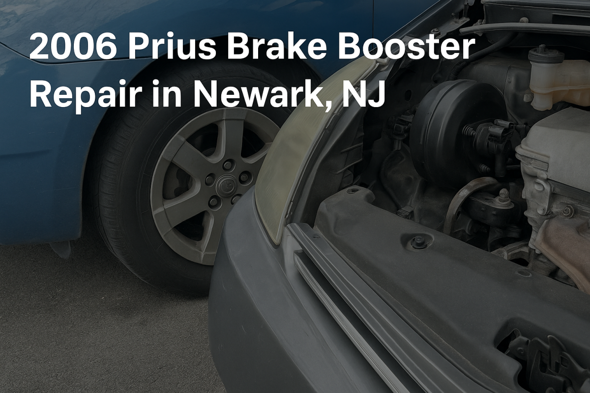 Close-up of 2006 Toyota Prius brake booster repair in Newark, NJ showing engine bay and front wheel