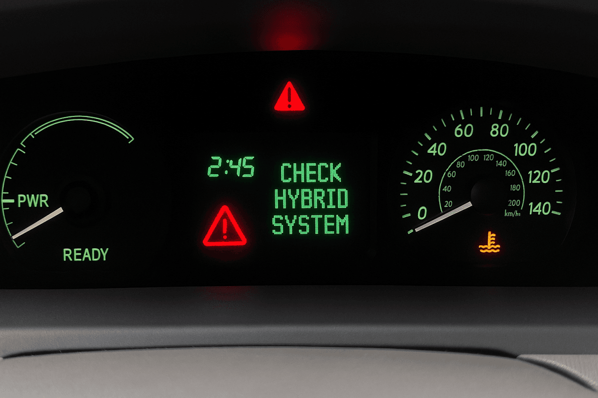 2009 Prius dashboard showing hybrid system warning and overheating icon