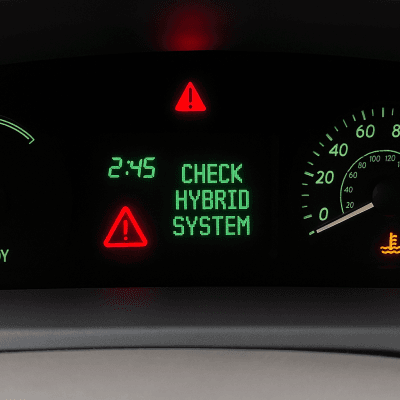 2009 Prius dashboard showing hybrid system warning and overheating icon