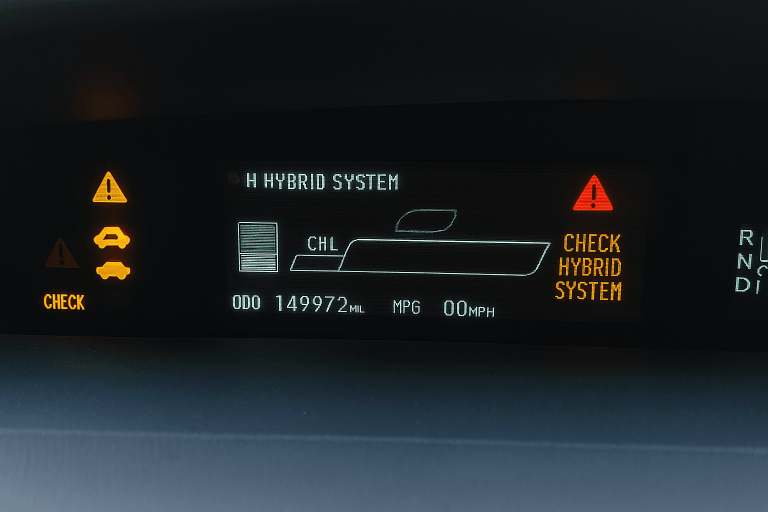 2010 Prius dashboard showing hybrid warning